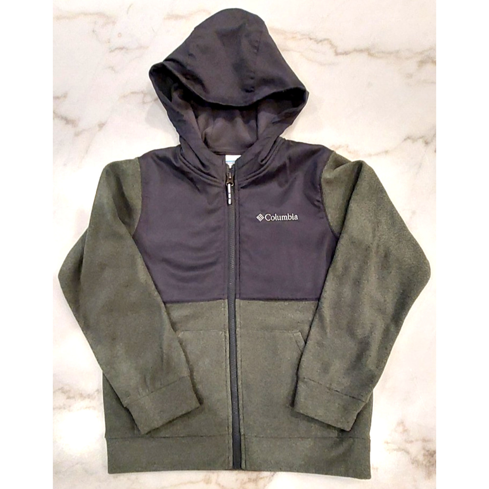 Columbia Youth Unisex Fleece Jacket Full Zip Green Hooded Size Small Logo EUC